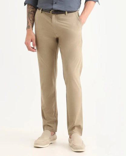 Rare Rabbit Men's Driver-Ss26 Khaki Polyester Blend Fabric Regular Fit Plain Trouser | Rare Rabbit at Broadway