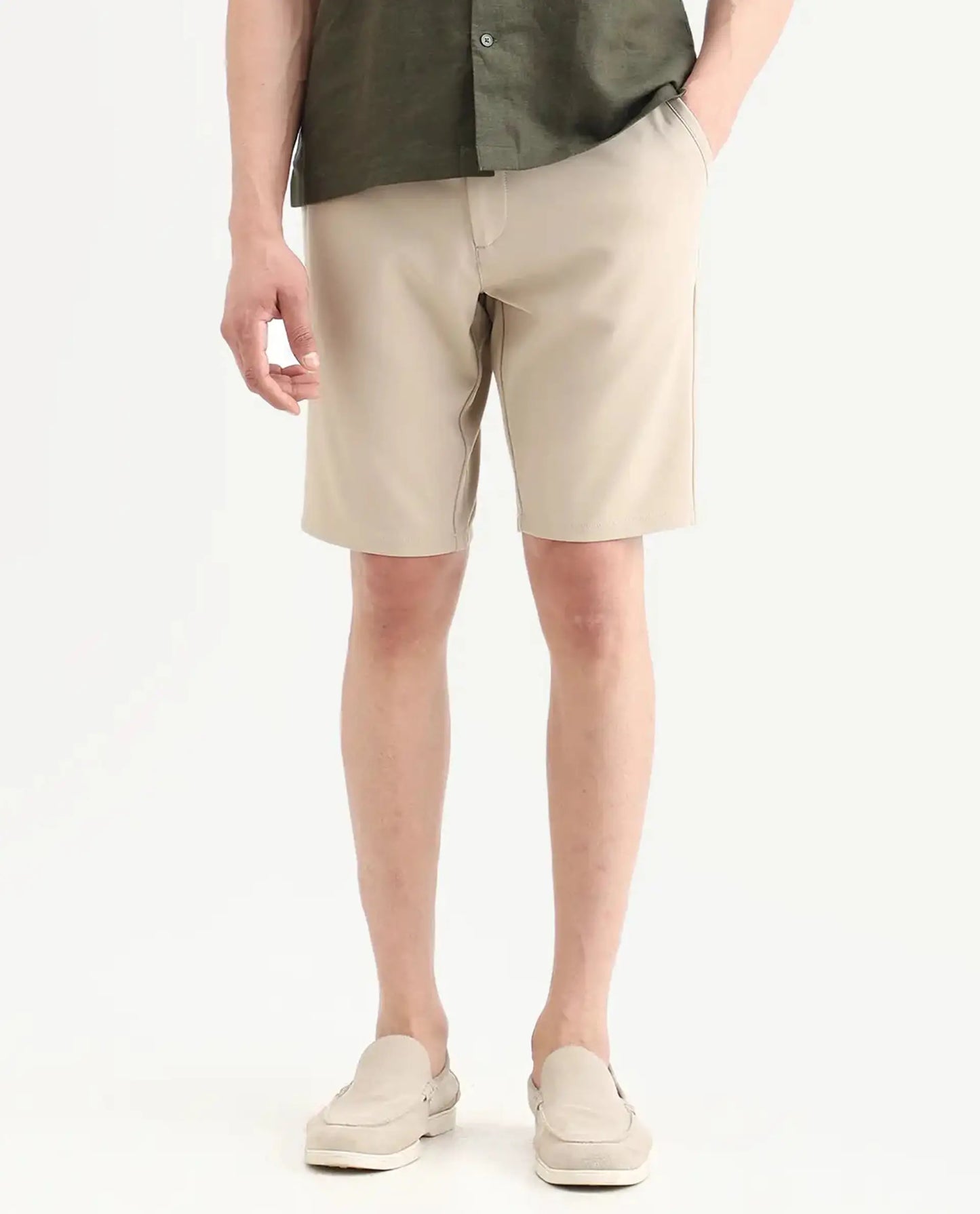 Rare Rabbit Men's Drivo-Ss26 Light Khaki Polyester Blend Fabric Regular Fit Plain Shorts | Rare Rabbit at Broadway