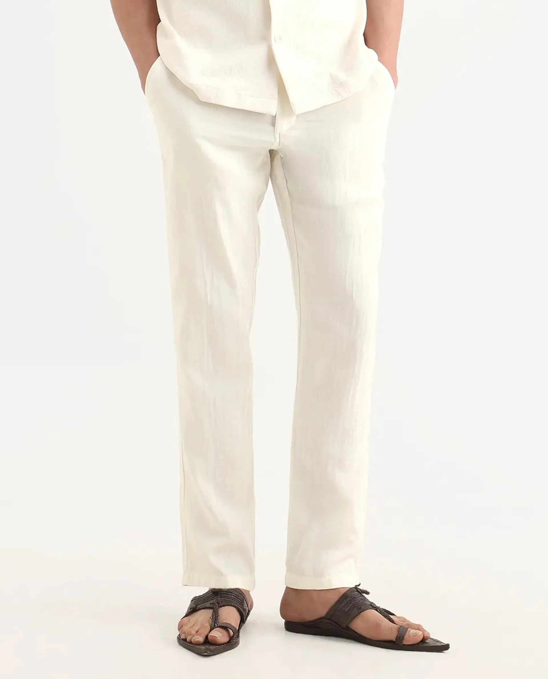 Rare Rabbit Men's Pastor-Ss26 Off White Cotton Fabric Regular Fit Drawstring Plain Trouser | Rare Rabbit at Broadway