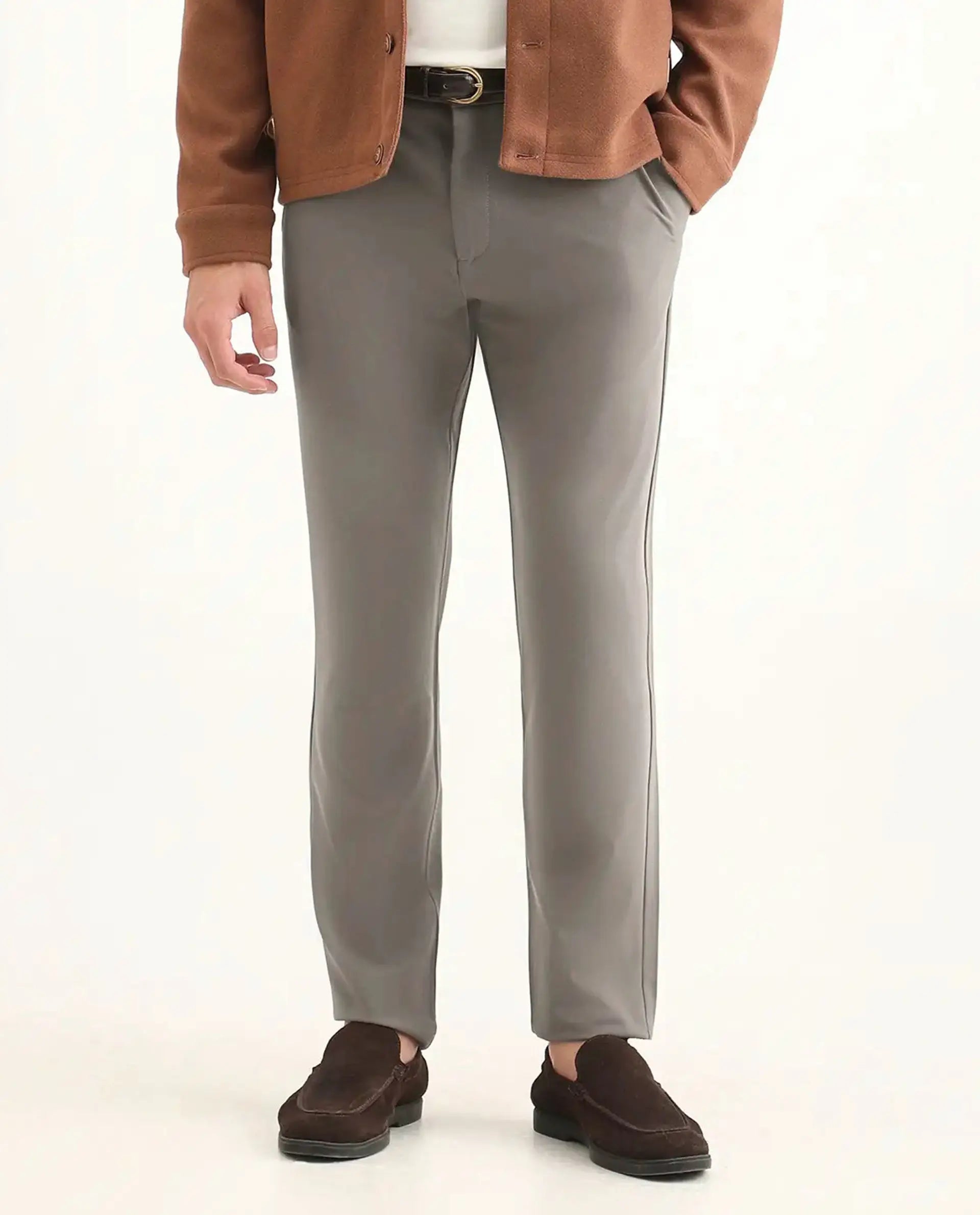 Rare Rabbit Men's Travel-Ss26 Dark Beige Polyester Fabric Button And Zip Closure Closure Plain Trouser | Rare Rabbit at Broadway