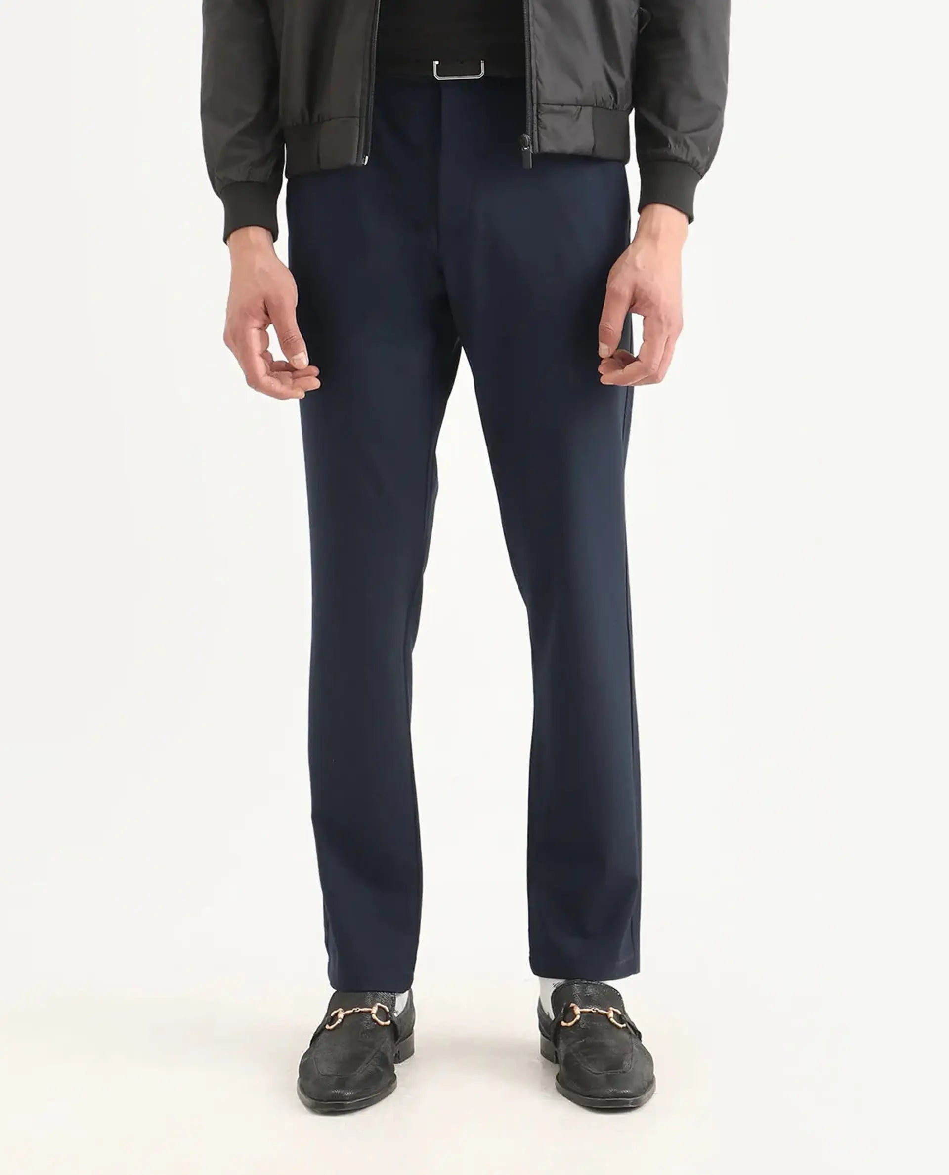 Rare Rabbit Men's Travel-Ss26 Navy Polyester Fabric Button And Zip Closure Closure Plain Trouser | Rare Rabbit at Broadway