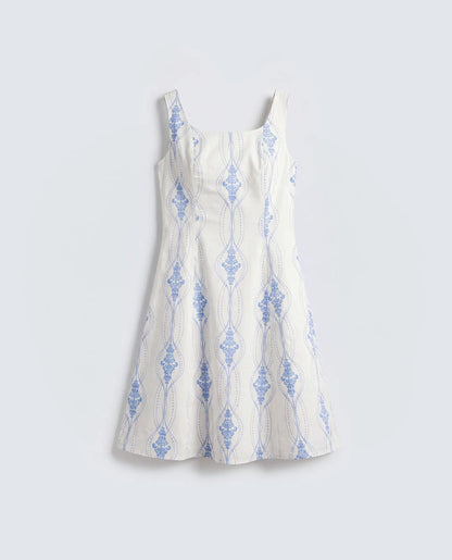 Rareism Women's Kenro Off White Cotton Square Neck Fit And Flare Printed Dress