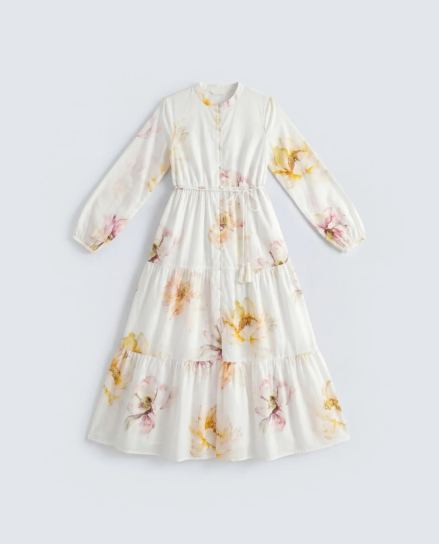 Rareism Women's Mehik Off White Cotton Full Sleeve Mandarin Collar Tiered Floral Print Dress