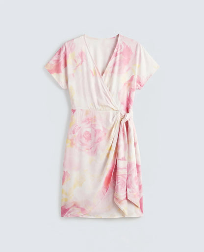 Rareism Women's Meya Off White Viscose Satin Half Sleeve V-Neck Floral Print Dress