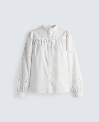 Rareism Women's Miel Off White Cotton Full Sleeve Mandarin Collar Relaxed Embroidered Top