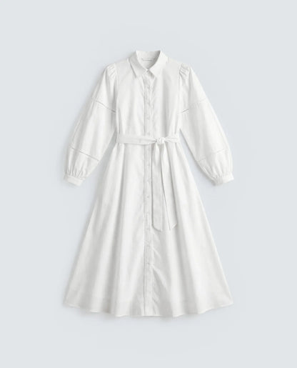 Rareism Women's Miko Off White Cotton Full Sleeve Mandarin Collar A-Line Embroidered Dress