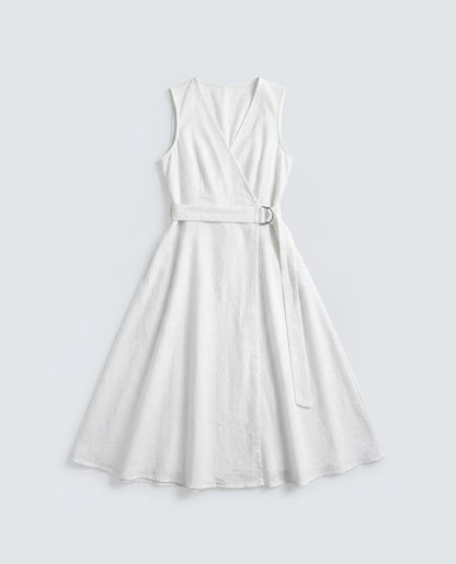 Rareism Women's Rulet Primary Beige Cotton Sleeveless V-Neck A-Line Plain Dress