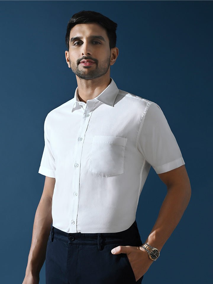 White Solid Half-Sleeve Oxford Shirt