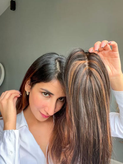 Scalp Line Hair Topper - Natural Black with Highlights – 1.5 x 5inch – Silk Base