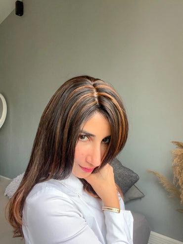 Scalp Line Hair Topper - Natural Black with Highlights – 1.5 x 5inch – Silk Base