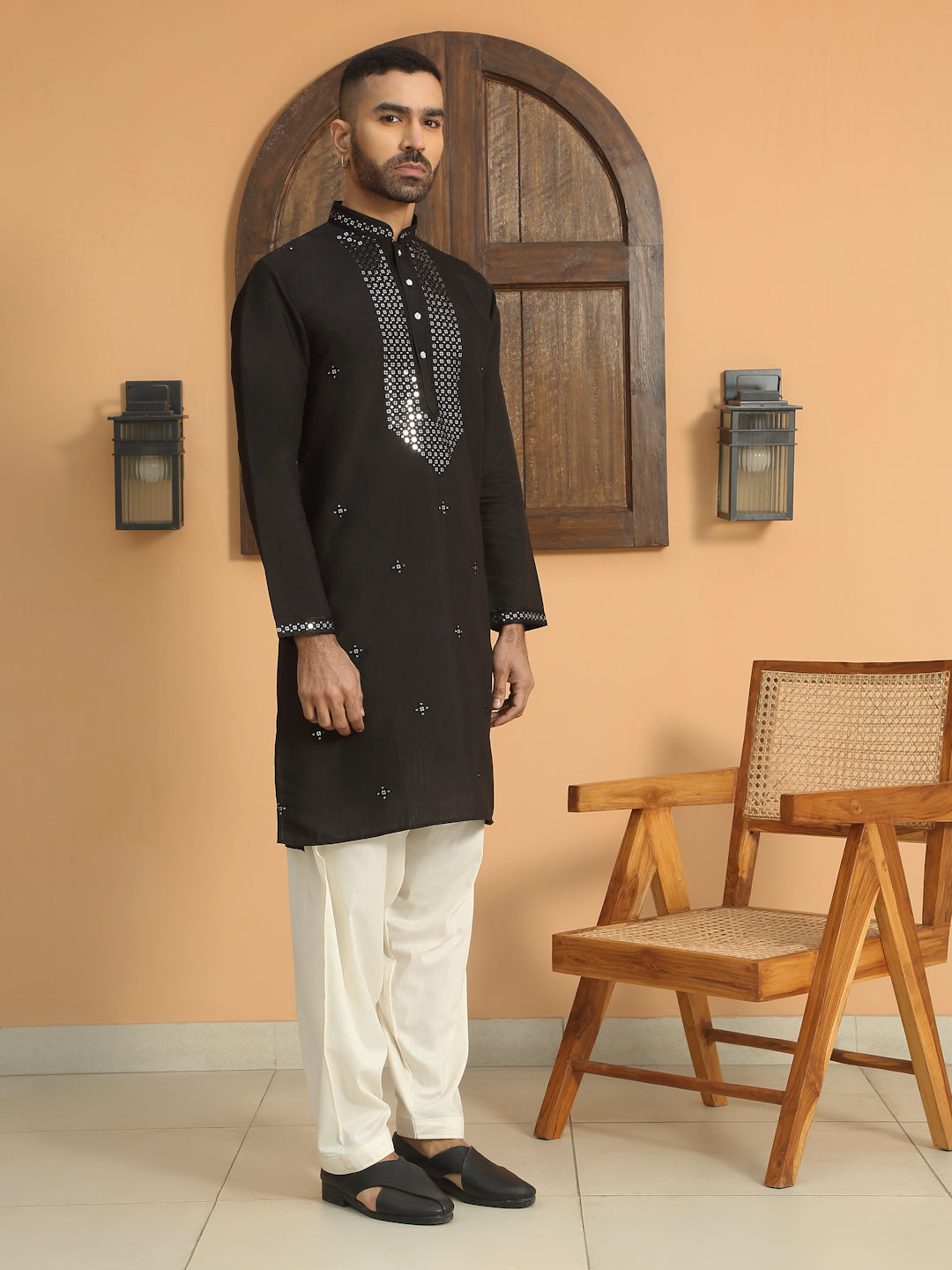 Ethnic Motifs Yoke Design Sequinned Mandarin Collar Kurta