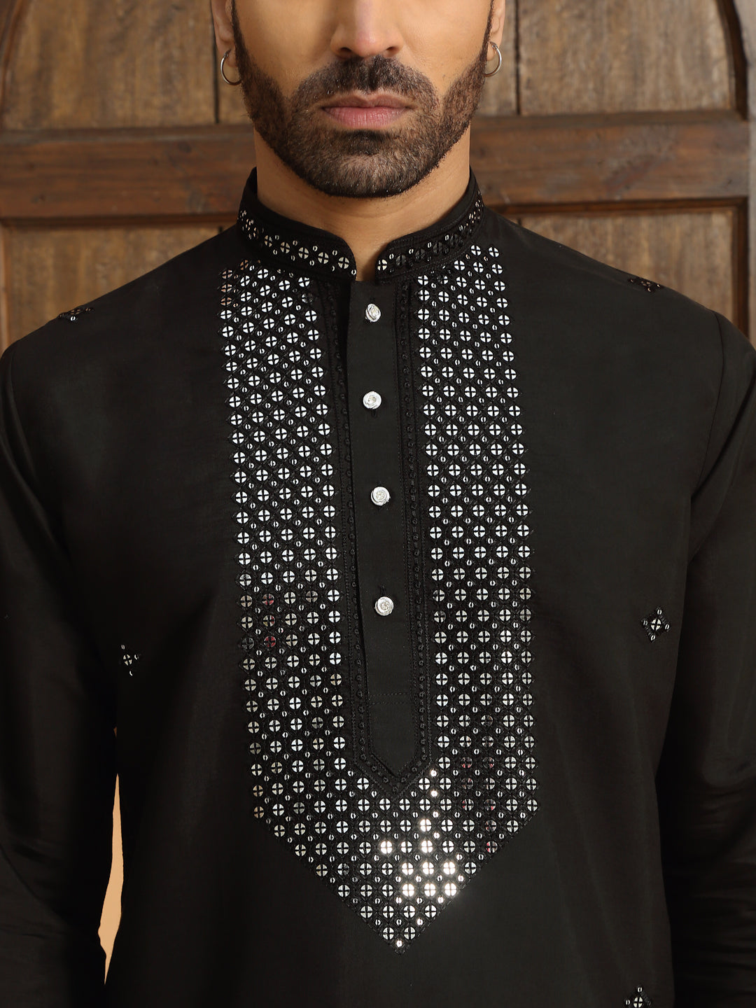 Ethnic Motifs Yoke Design Sequinned Mandarin Collar Kurta