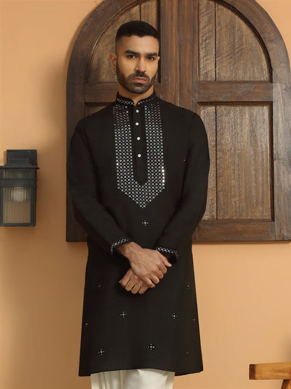 Ethnic Motifs Yoke Design Sequinned Mandarin Collar Kurta