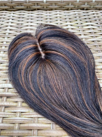 Scalp Line Hair Topper - Natural Black with Highlights – 1.5 x 5inch – Silk Base