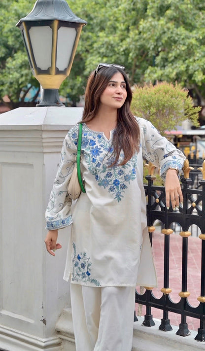 Shivani in Kashmiri Aari Work Cotton Kurta with Farsi Pant - White