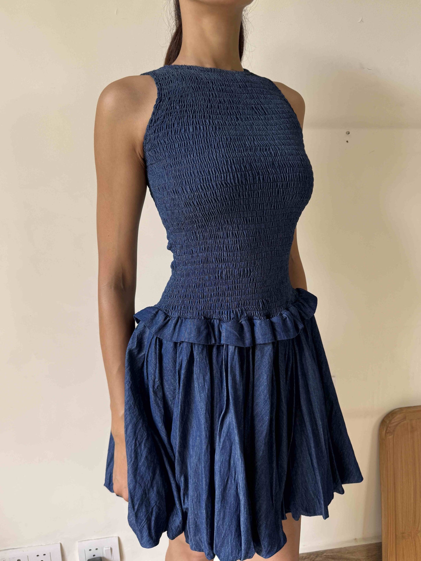 Denim Bubble Hem Mini Dress