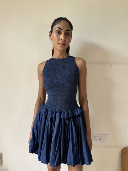 Denim Bubble Hem Mini Dress