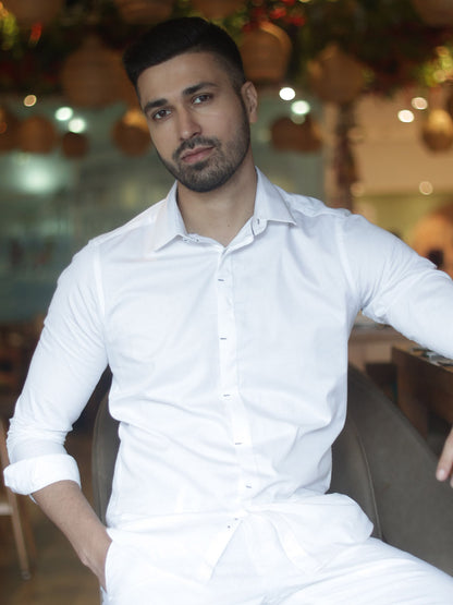 Contrast Bartack Premium Satin White Shirt - Piaro