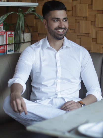 Contrast Bartack Premium Satin White Shirt - Piaro