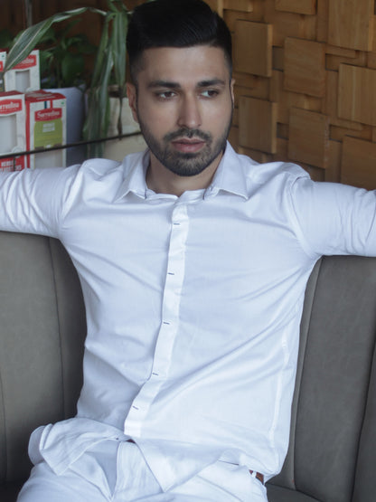 Contrast Bartack Premium Satin White Shirt - Piaro