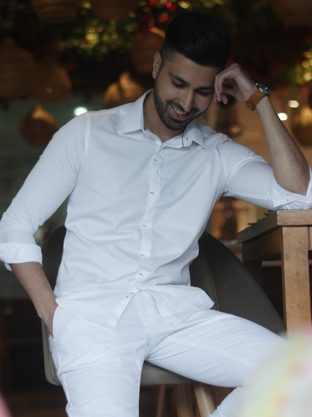 Contrast Bartack Premium Satin White Shirt - Piaro