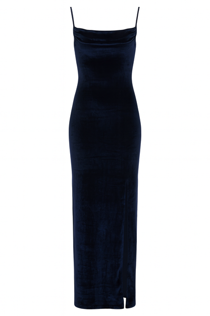 Blue Velvet Cowl Neck Dress