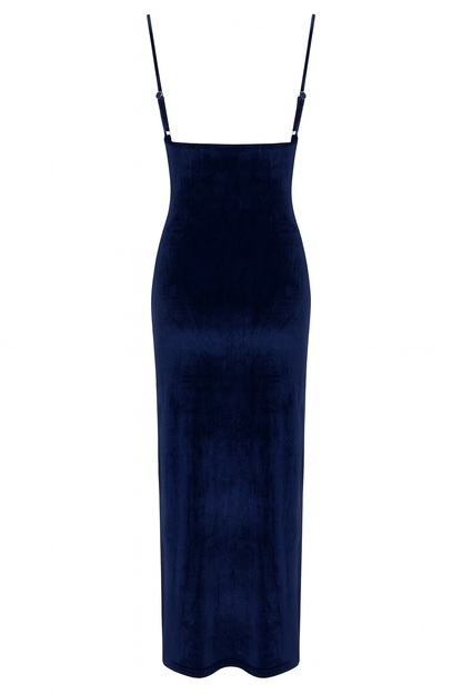 Blue Velvet Cowl Neck Dress