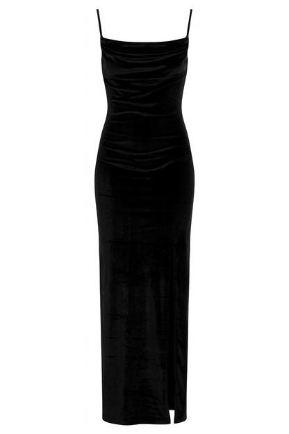 Black Velvet Cowl Neck Dress