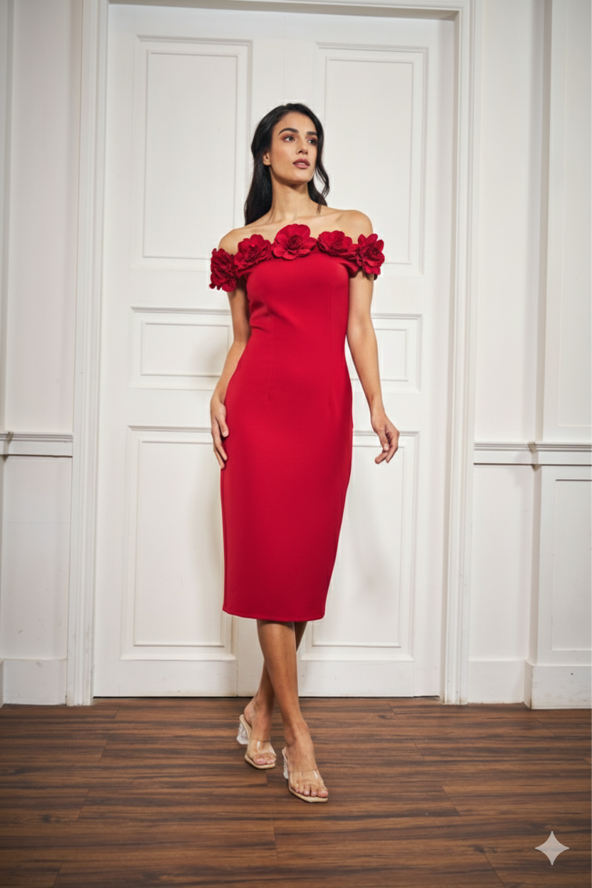 Red Rosette Off-Shoulder