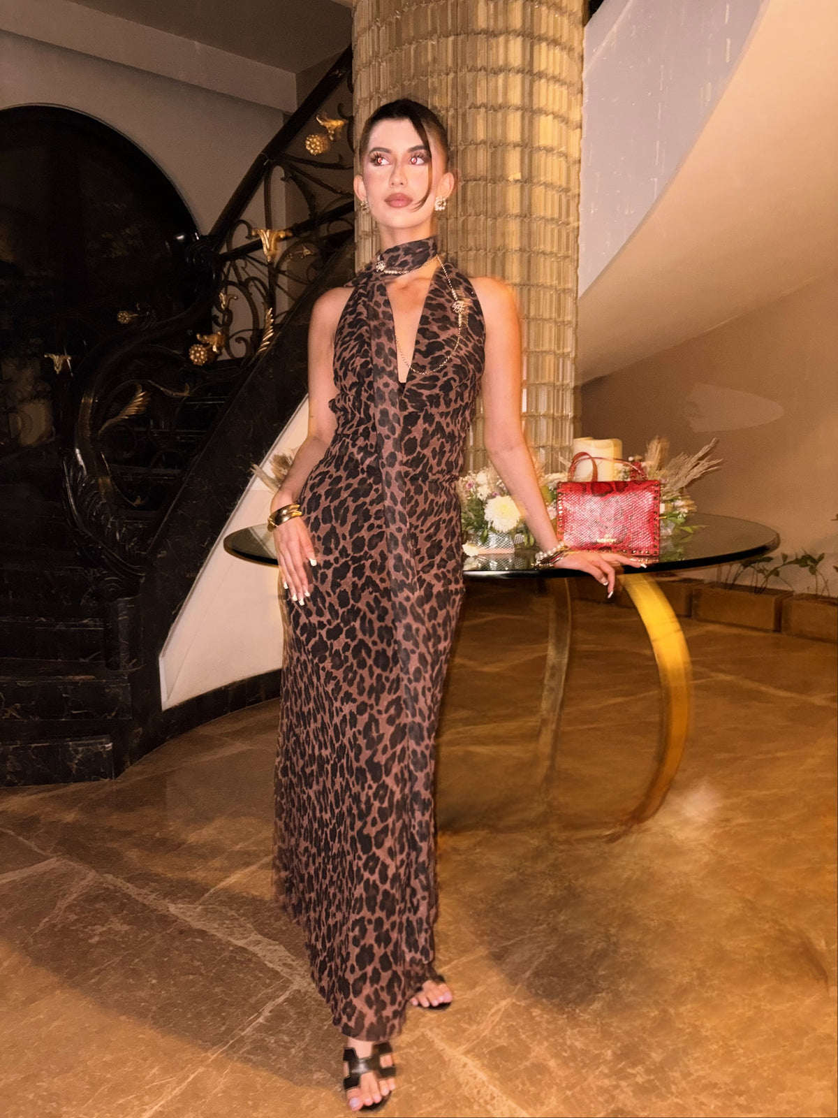 Leopard Print Cowl Neck Maxi Dress With Scarf