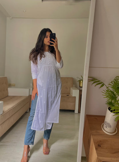 Megha in House of Kari Hand embroidery Chikankari Dress-White