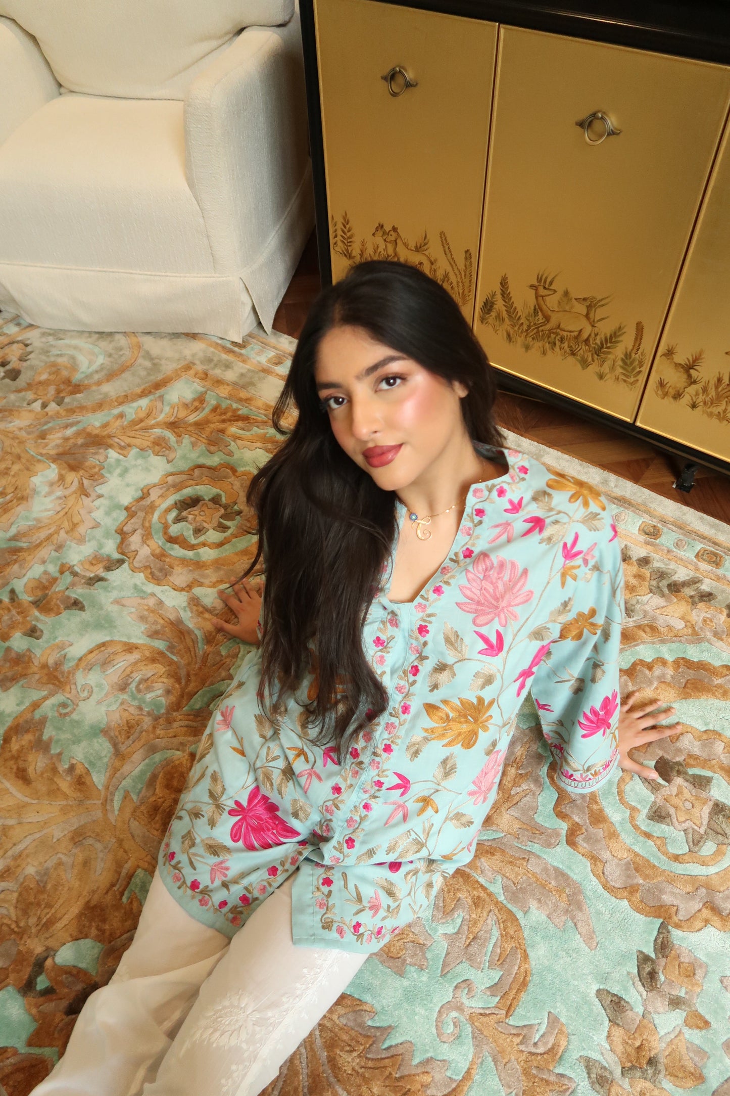 Pralambika in Kashmiri Aari Work Cotton Kurta Jacket – Sky Blue