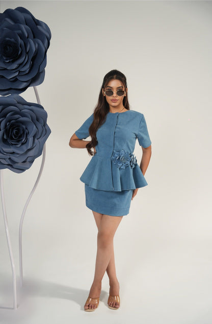 Floral Embrace Peplum Denim Coord Set