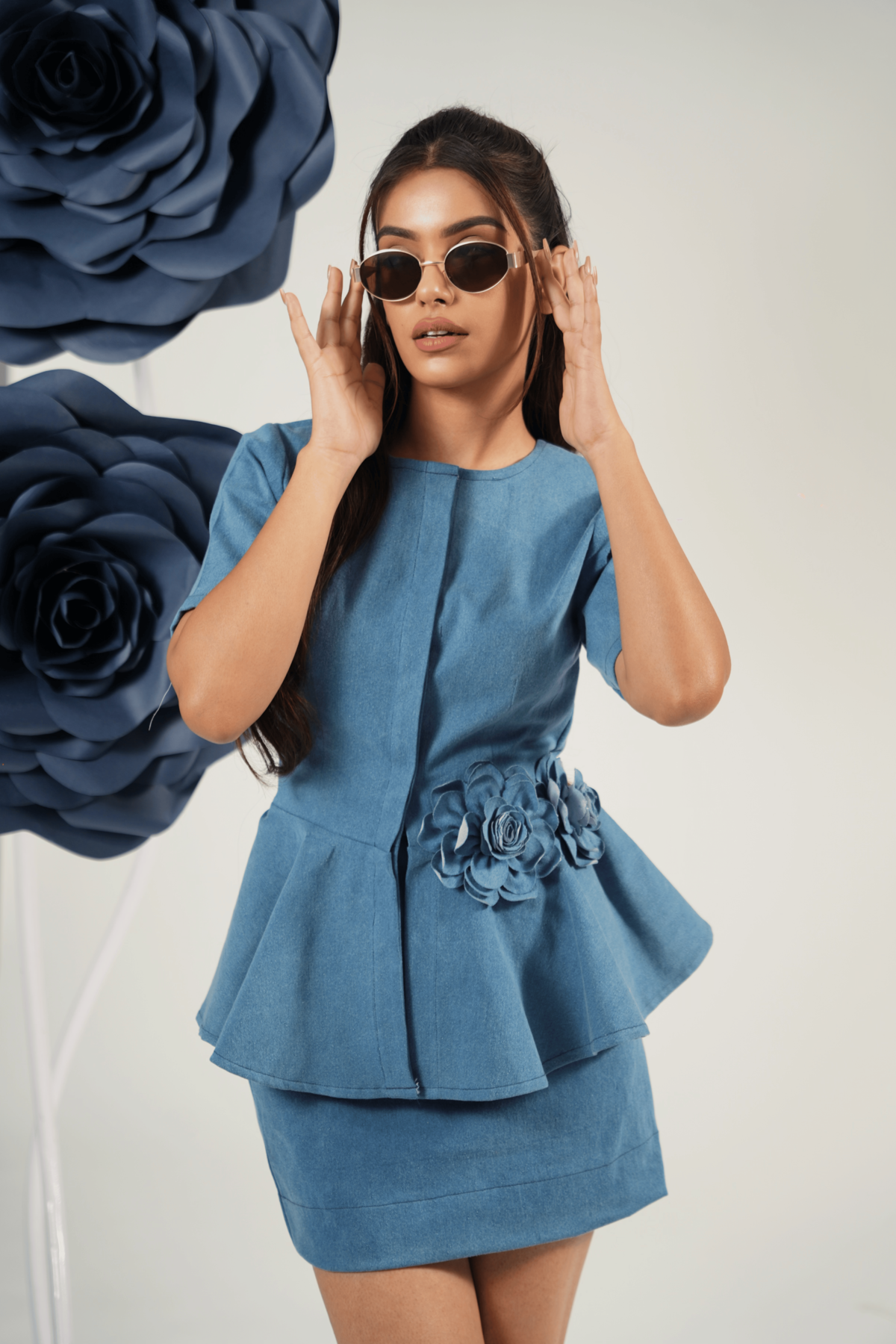 Floral Embrace Peplum Denim Coord Set