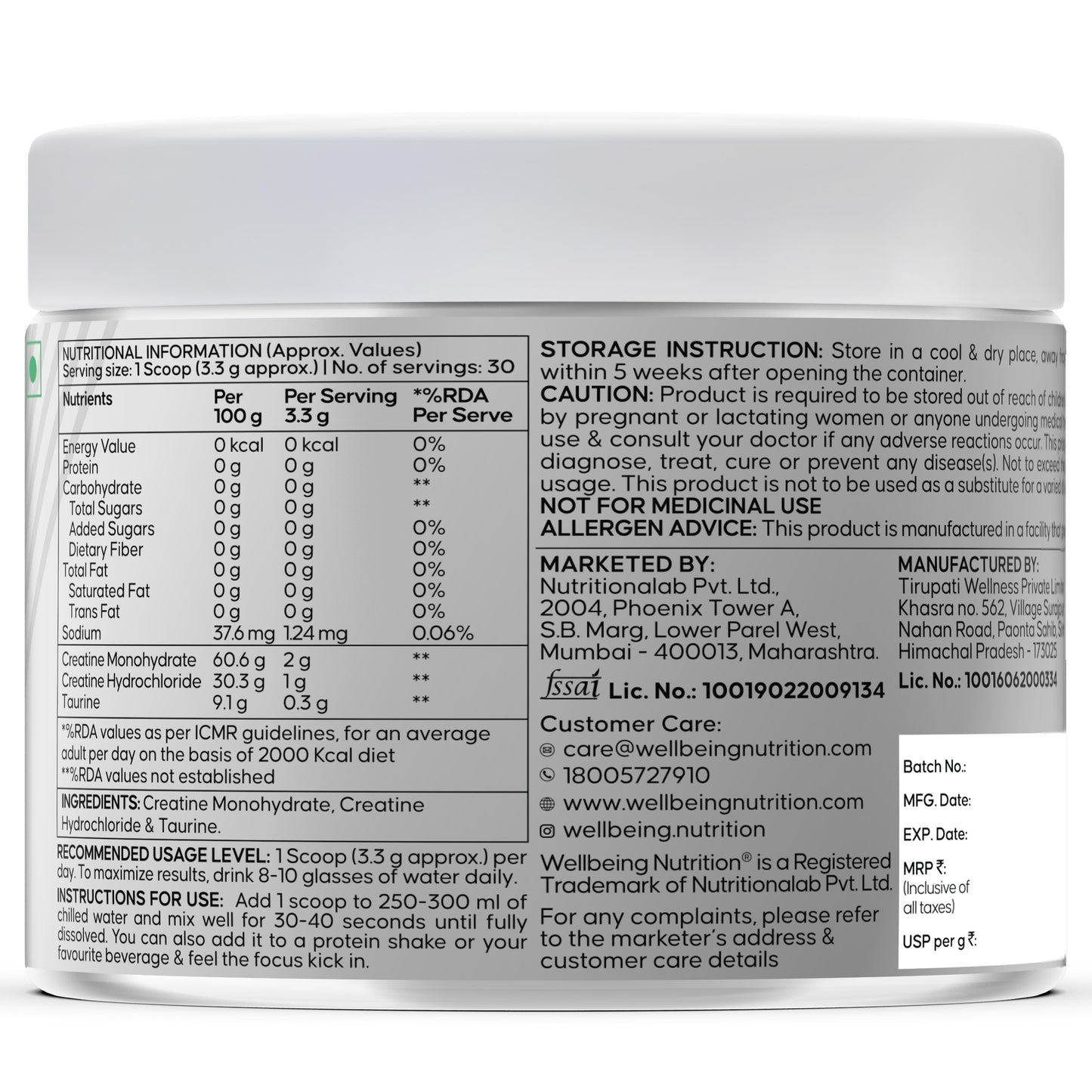 Pure Micronized Creatine Powder Monohydrate + Hcl- Unflavoured 100G