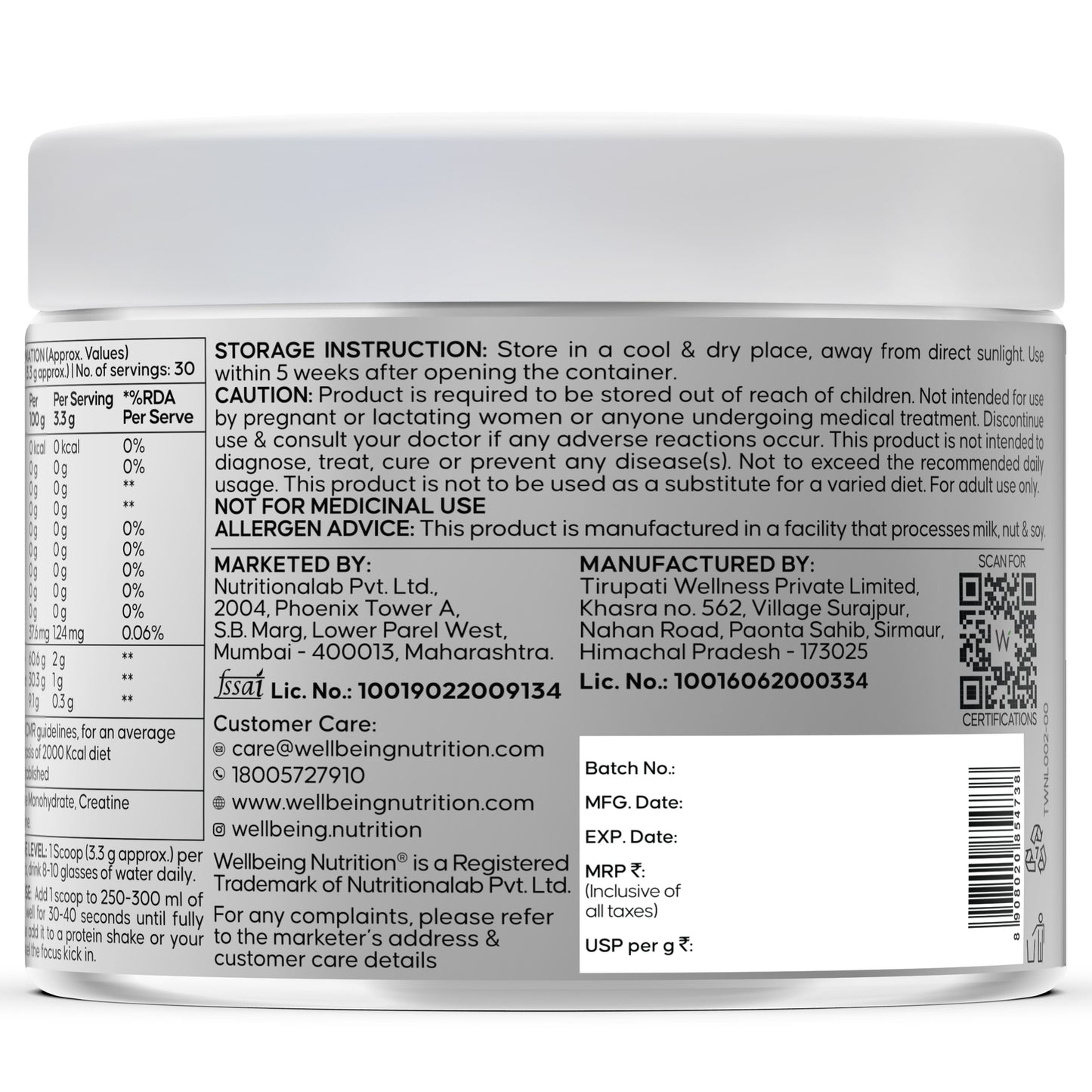 Pure Micronized Creatine Powder Monohydrate + Hcl- Unflavoured 100G