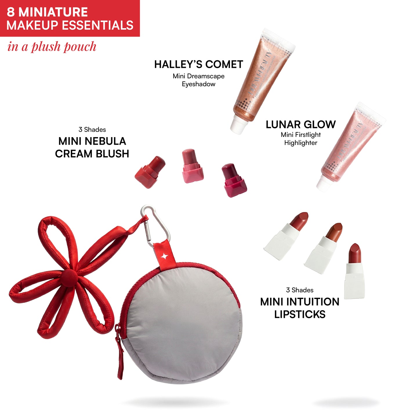 Dream Beauty Pluto Mini Makeup Kit, 8-Piece Travel Makeup Set (3 Cream Blushes, 3 Matte Lipsticks, Highlighter, Eyeshadow)