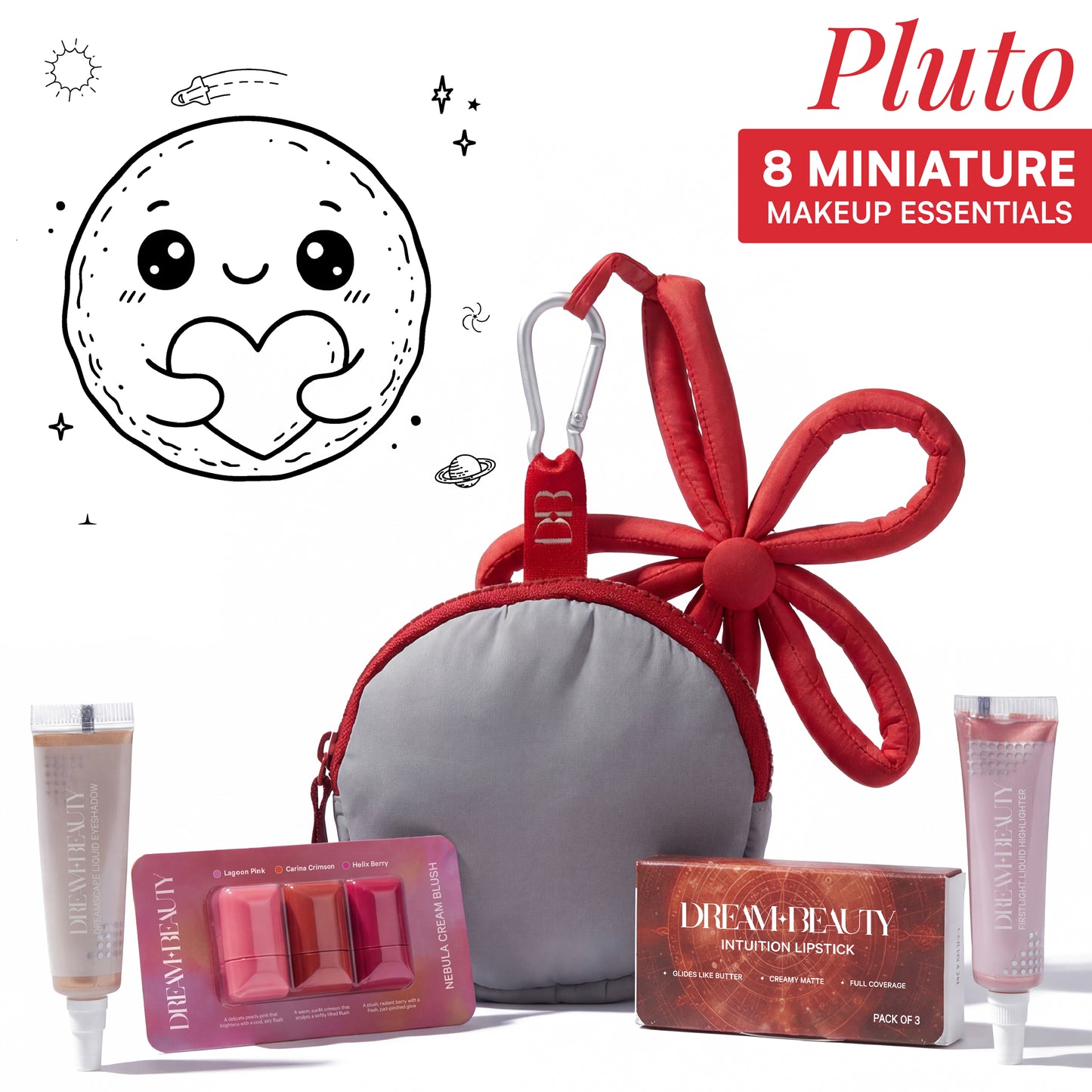 Dream Beauty Pluto Mini Makeup Kit, 8-Piece Travel Makeup Set (3 Cream Blushes, 3 Matte Lipsticks, Highlighter, Eyeshadow)