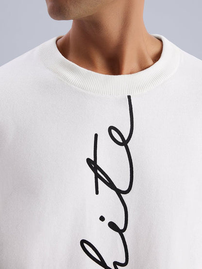 White Typographic Print Oversized Knitted Sweater