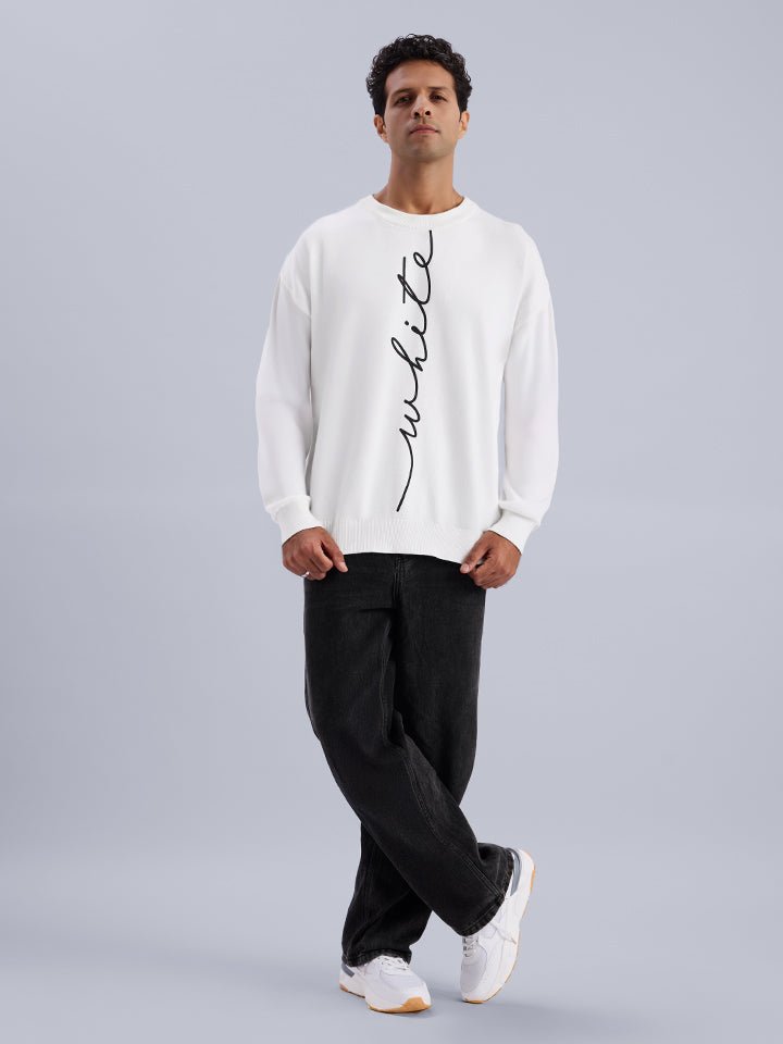 White Typographic Print Oversized Knitted Sweater