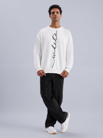 White Typographic Print Oversized Knitted Sweater