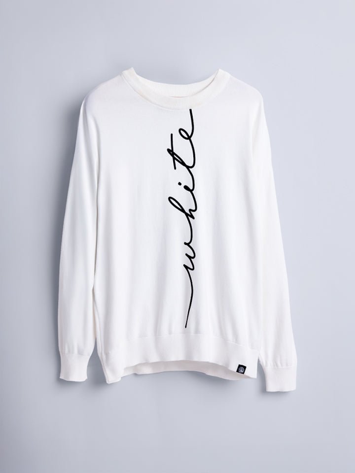 White Typographic Print Oversized Knitted Sweater