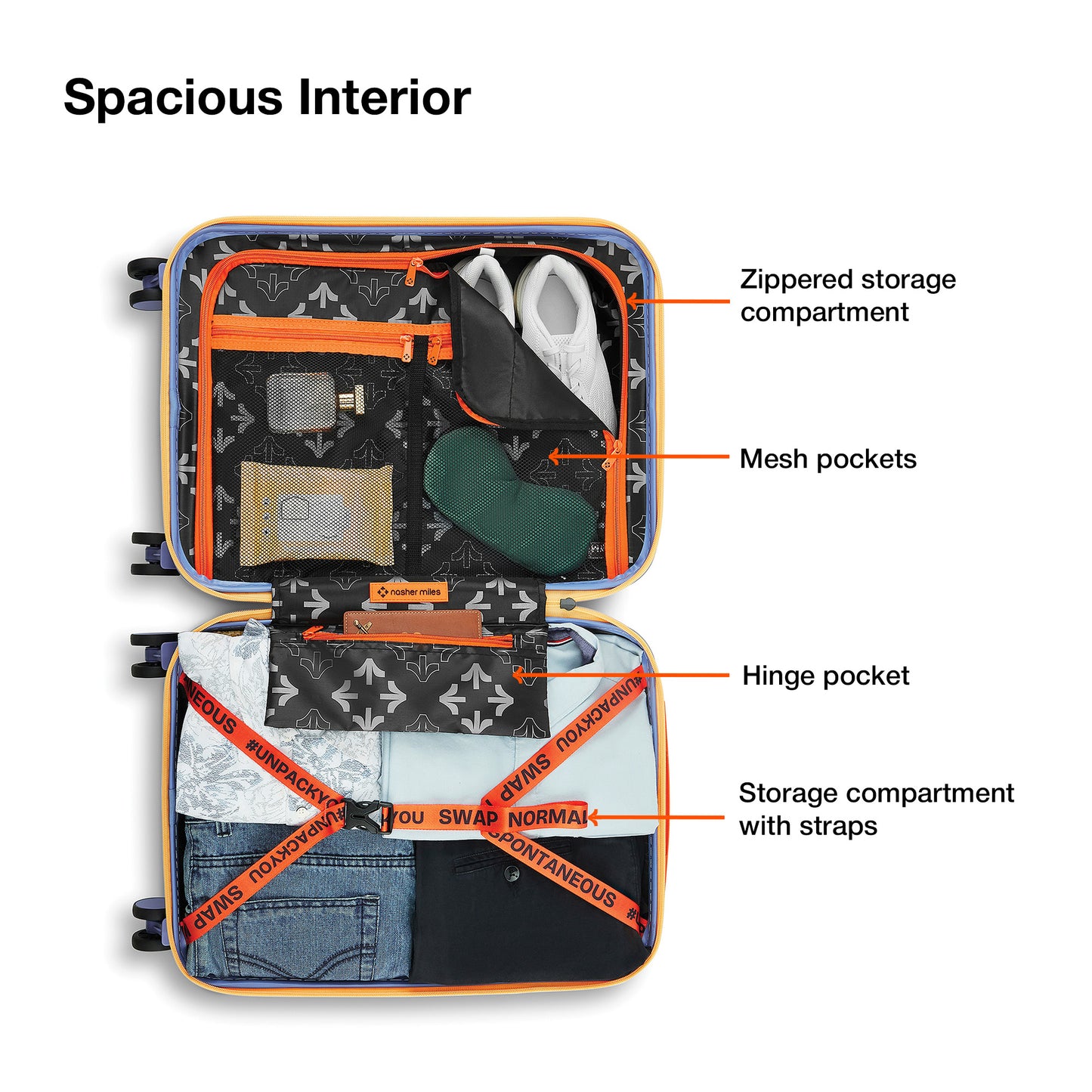 Nasher Miles Chicago Hard-Sided Polycarbonate Printed Cabin Luggage Orange Blue 20 inch (55) Trolley Bag