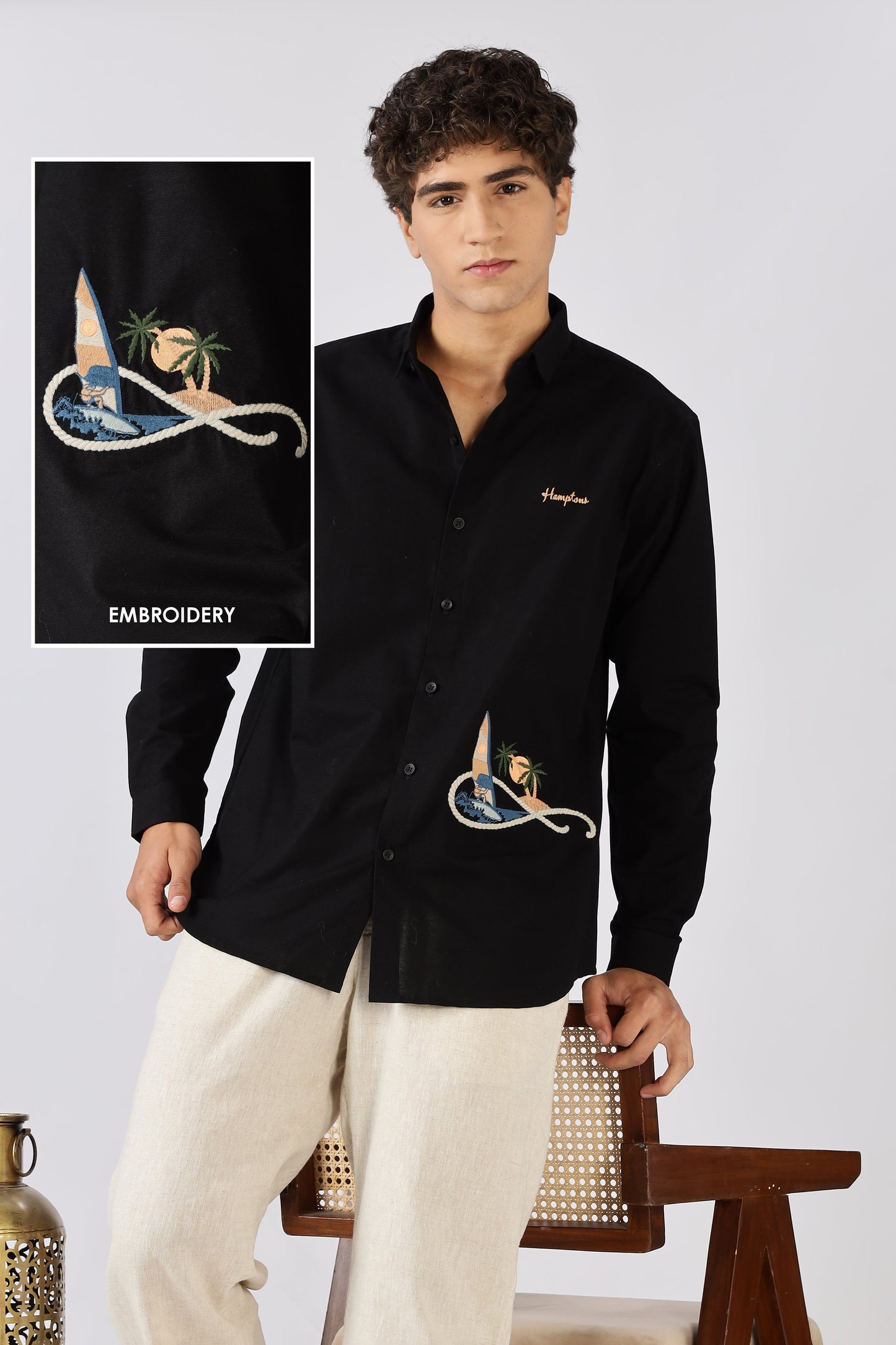 Coastal Voyage Cotton Regular Fit Black Embroidered Shirt | Hamptons at Broadway