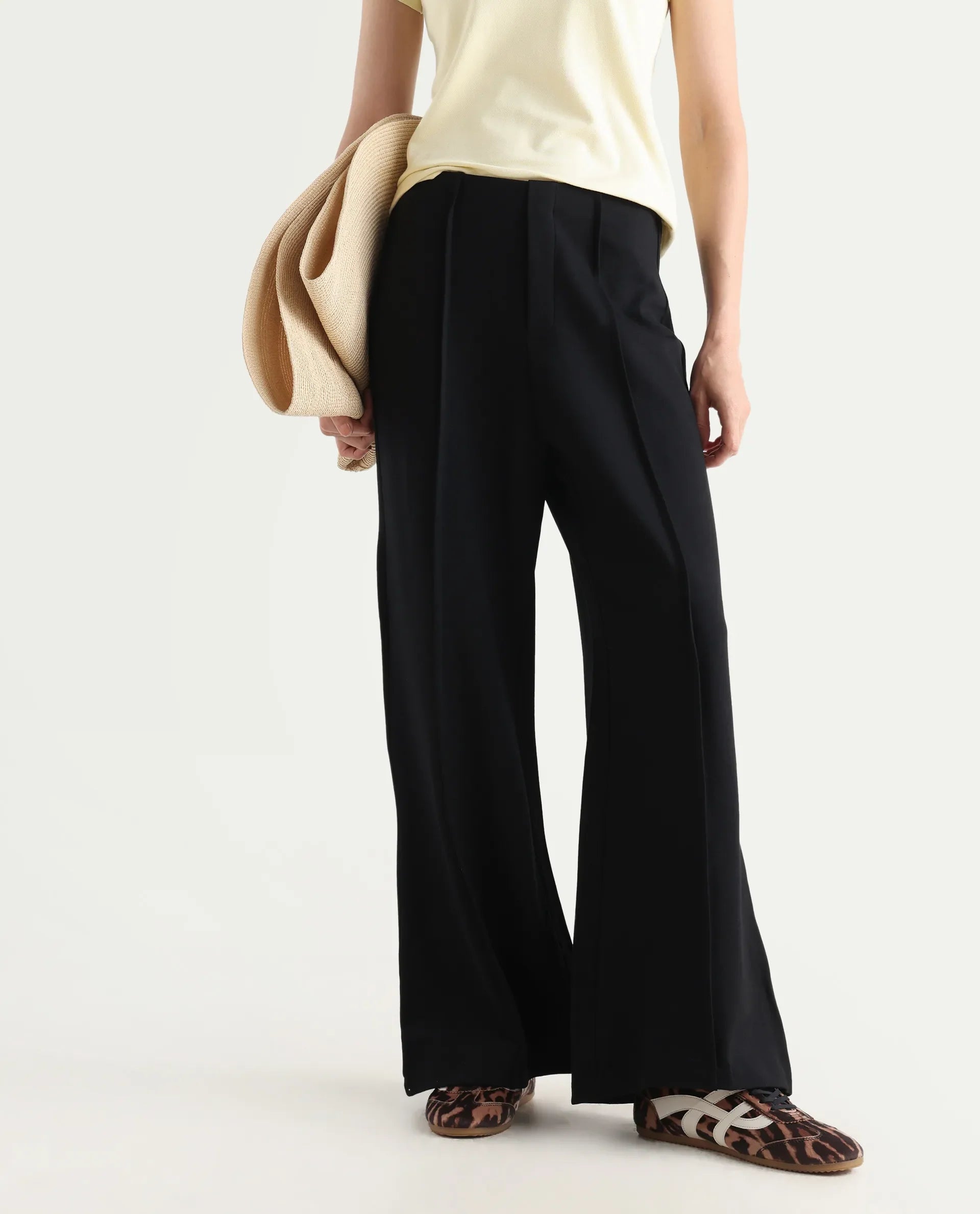 Rareism Women's Jancura Black Nylon Fabric Straight Plain Trouser | RAREISM at Broadway