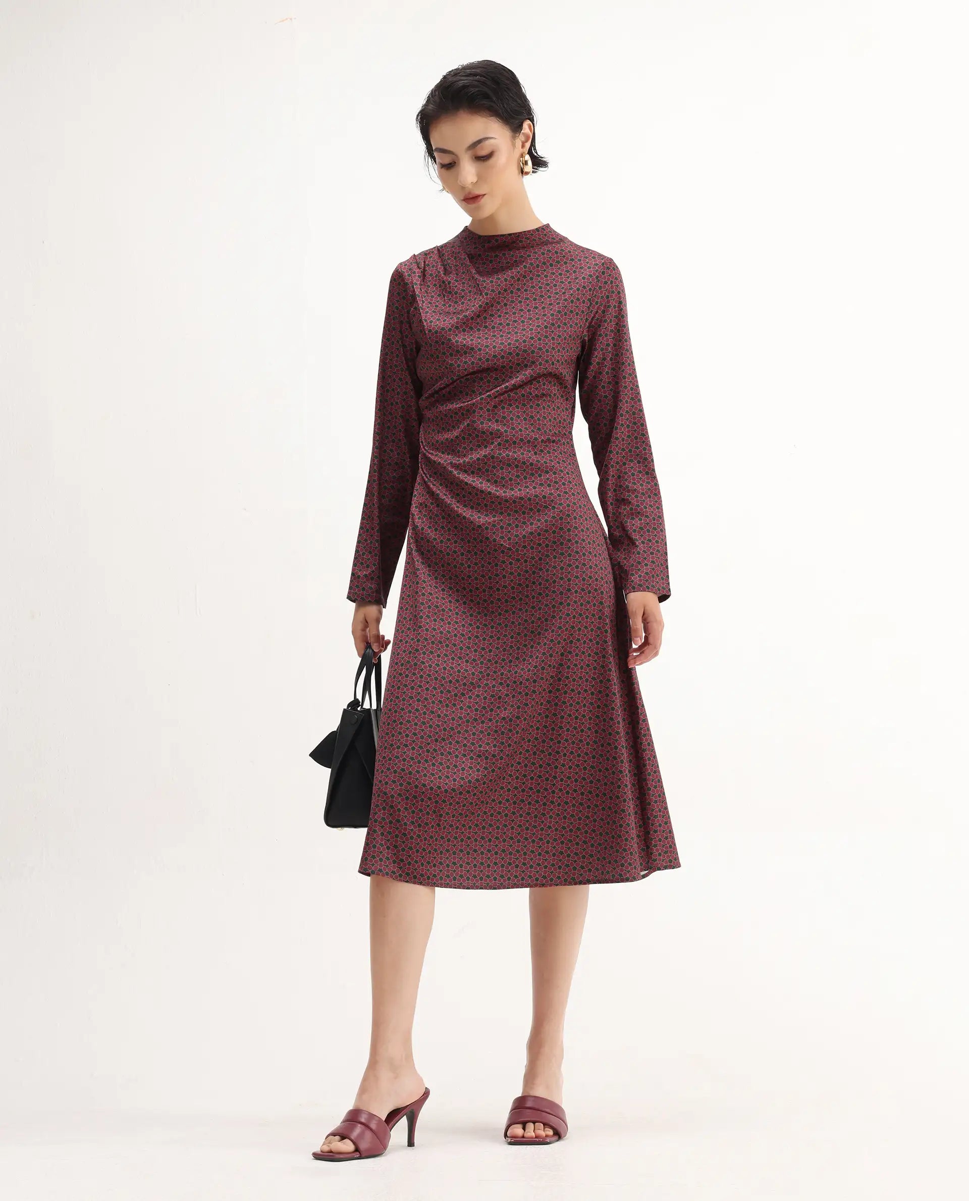 Rareism Women's Jenlio Dark Green Polyester High Neck Fitted Geometric Print Midi Dress | RAREISM at Broadway