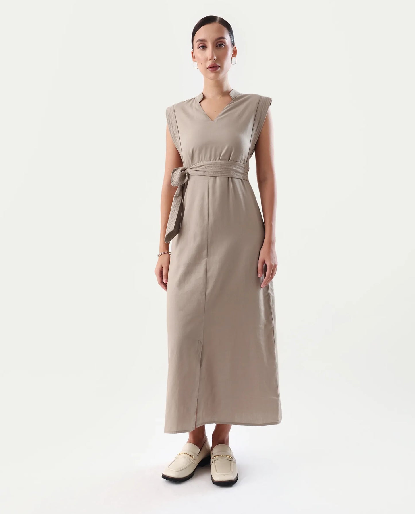 Rareism Women's Jenzo Beige Cotton Mandarin Collar Straight Fit Plain Dress | RAREISM at Broadway
