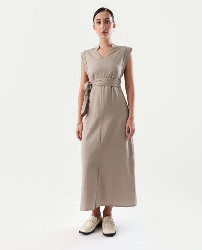 Rareism Women's Jenzo Beige Cotton Mandarin Collar Straight Fit Plain Dress | RAREISM at Broadway