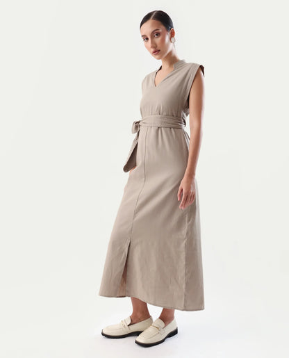 Rareism Women's Jenzo Beige Cotton Mandarin Collar Straight Fit Plain Dress | RAREISM at Broadway