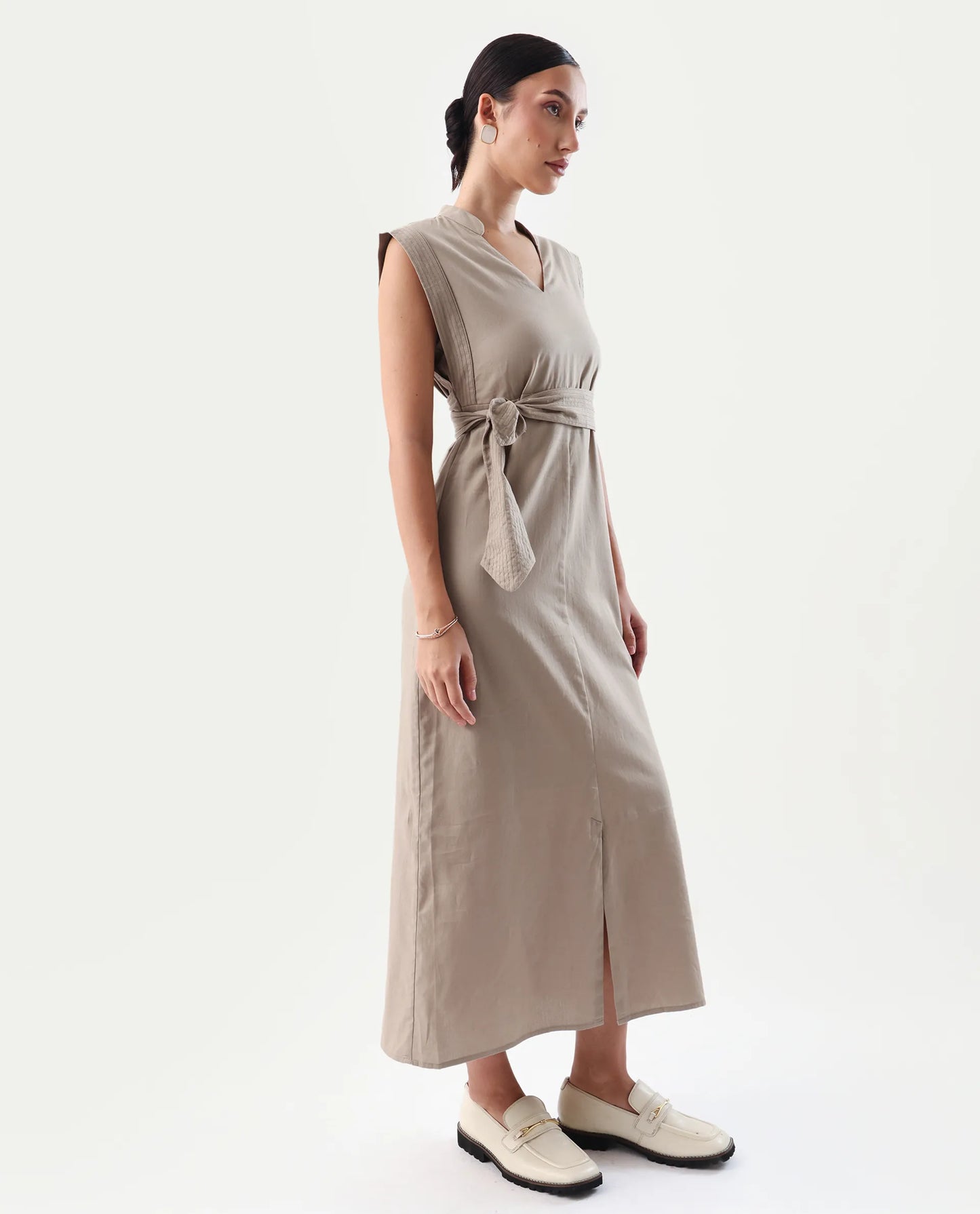 Rareism Women's Jenzo Beige Cotton Mandarin Collar Straight Fit Plain Dress | RAREISM at Broadway